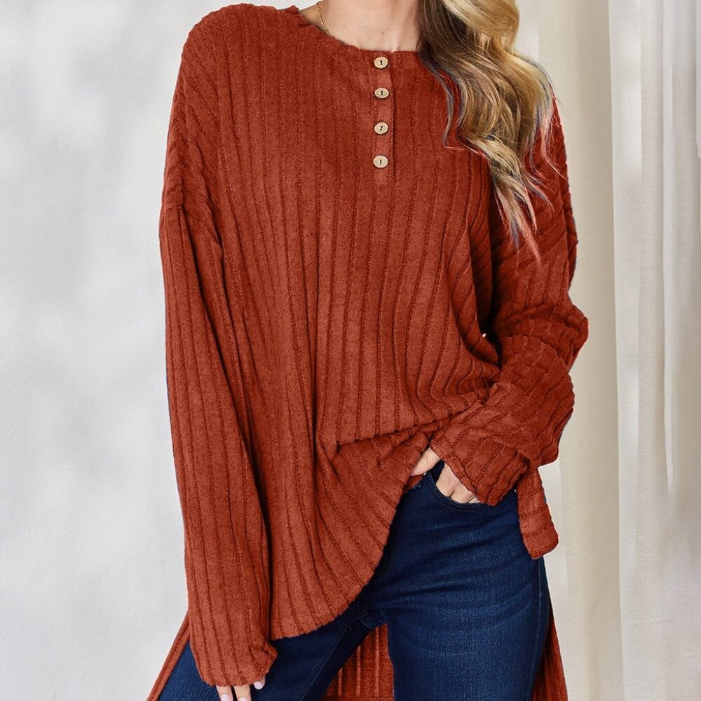 NWT Basic Bae Full Size Ribbed Half Button Long Sleeve High-Low T-Shirt